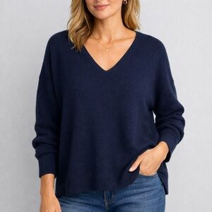 Ann Taylor 100% Cashmere Sweater L Navy Blue V-Neck Soft Relaxed Fit